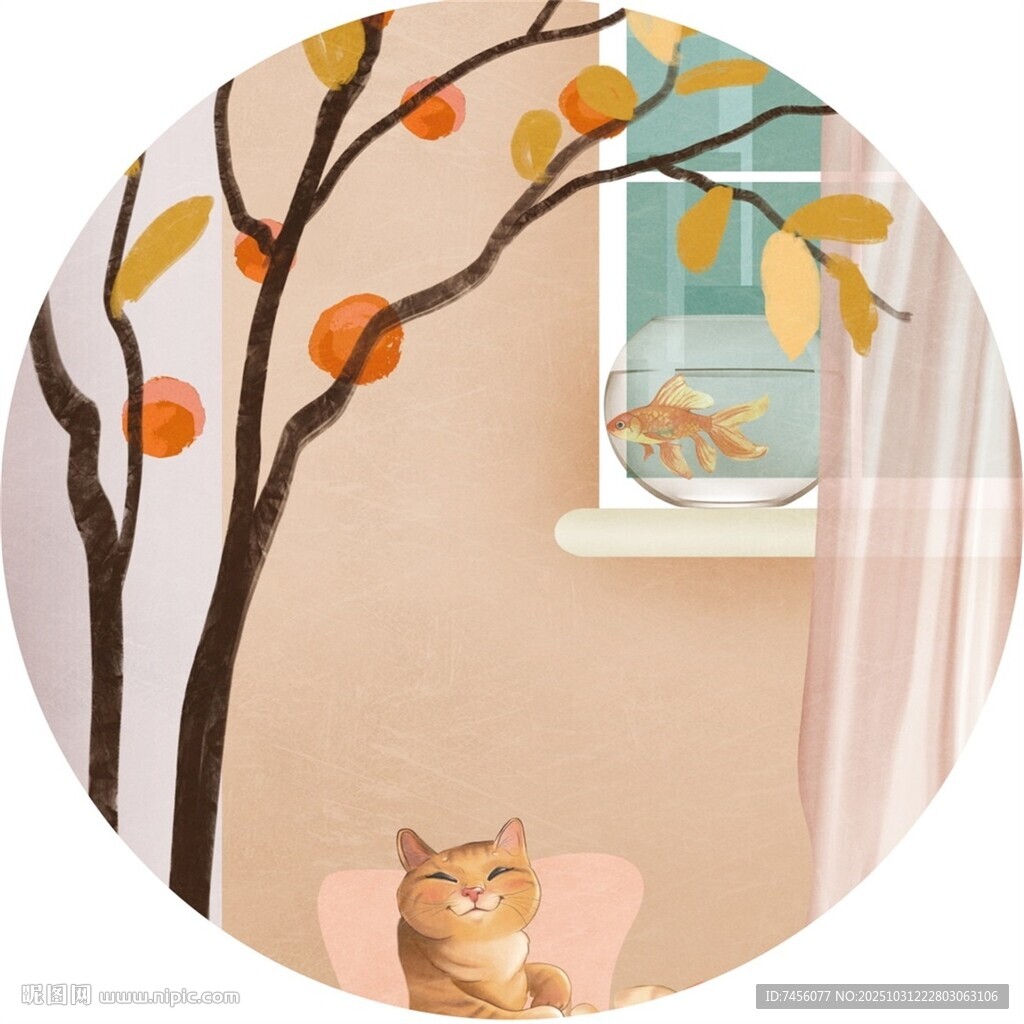 窗边橘猫的惬意时光圆形挂画