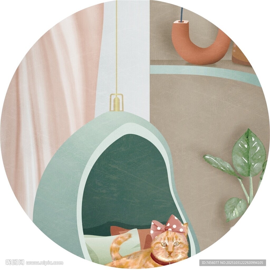可爱猫窝中的猫咪摆件圆形挂画