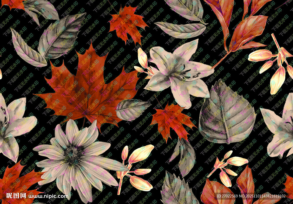 秋季花卉与叶片图案设计