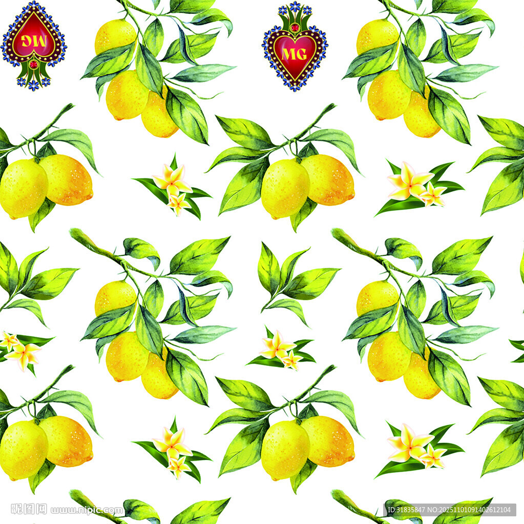 水彩风柠檬草莓花卉图案