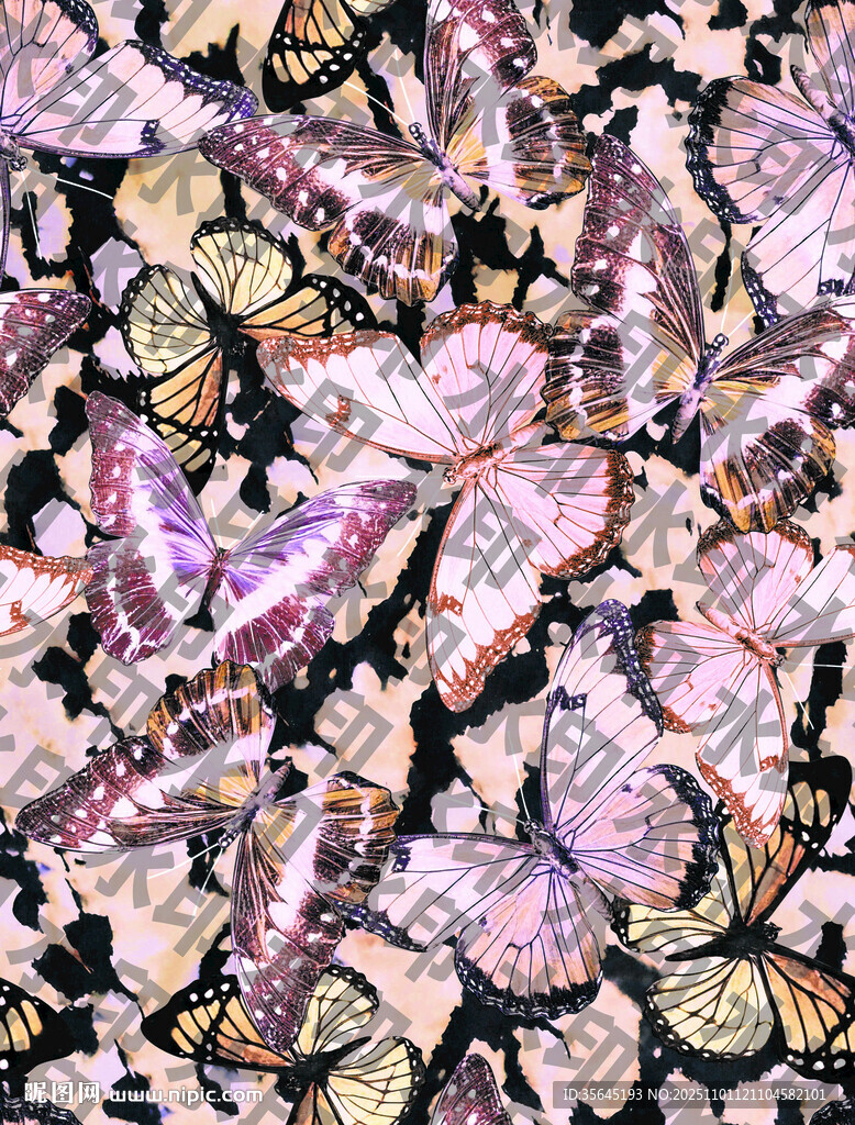 数码印花豹纹蝴蝶四方连续花型