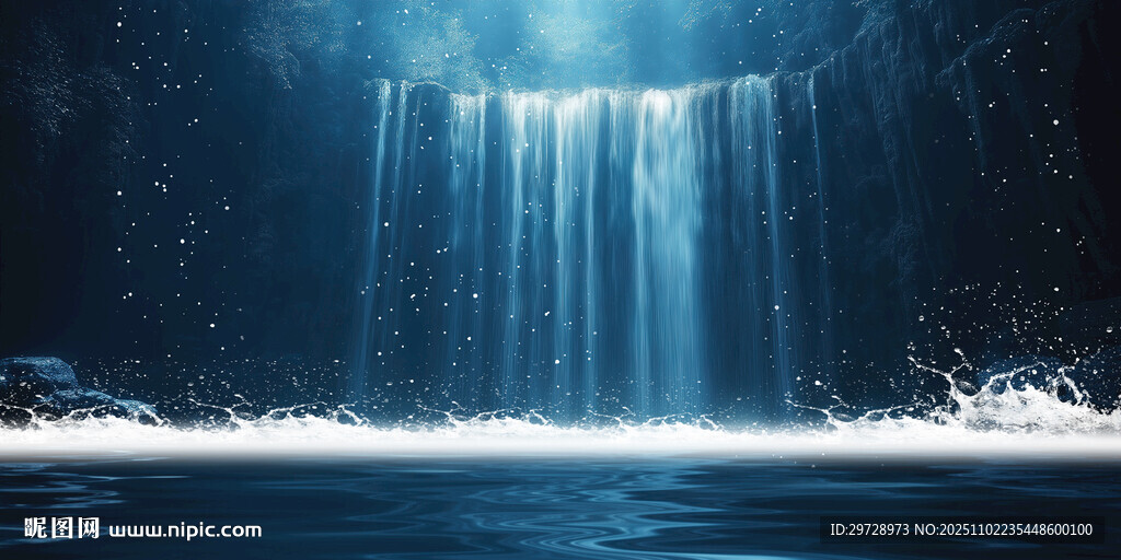 招财瀑布山水画