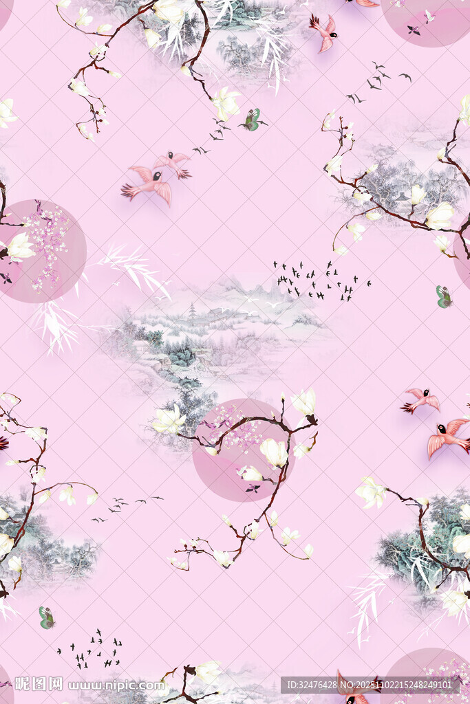 粉色中式花鸟图案纹理