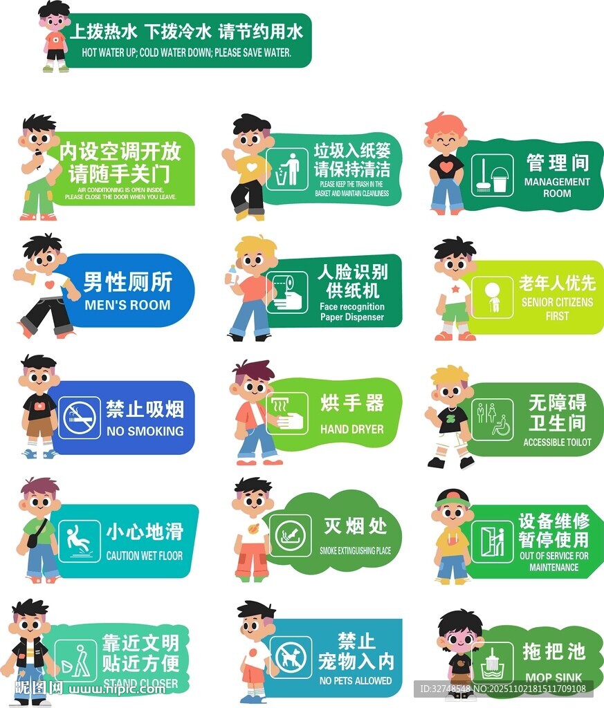 卡通人物男洗手间厕所标语牌展示