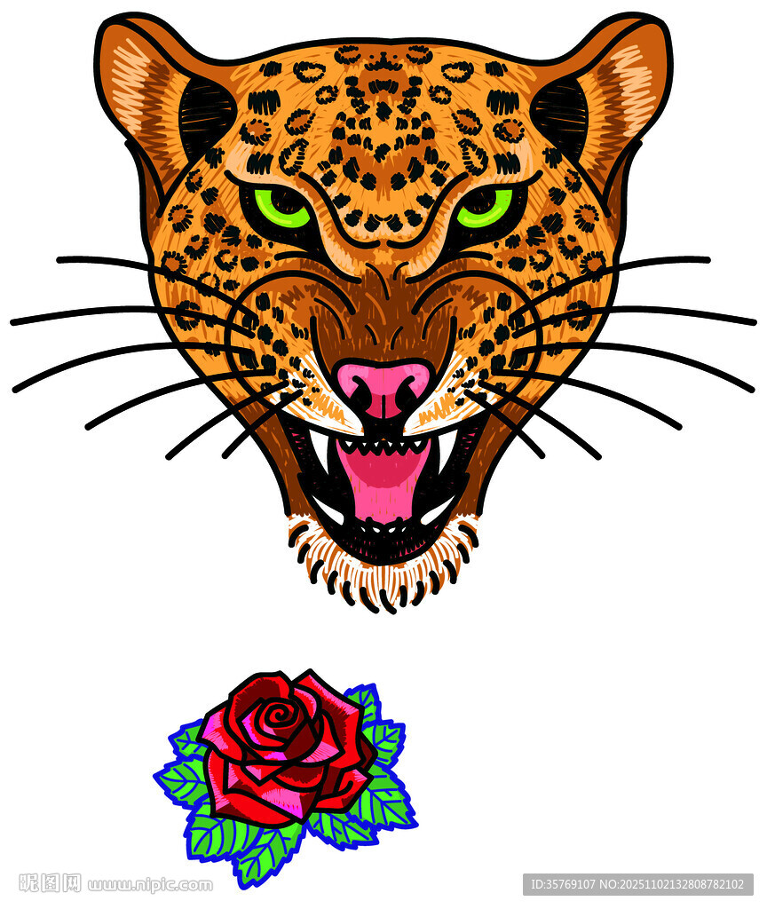 豹头与玫瑰图案设计