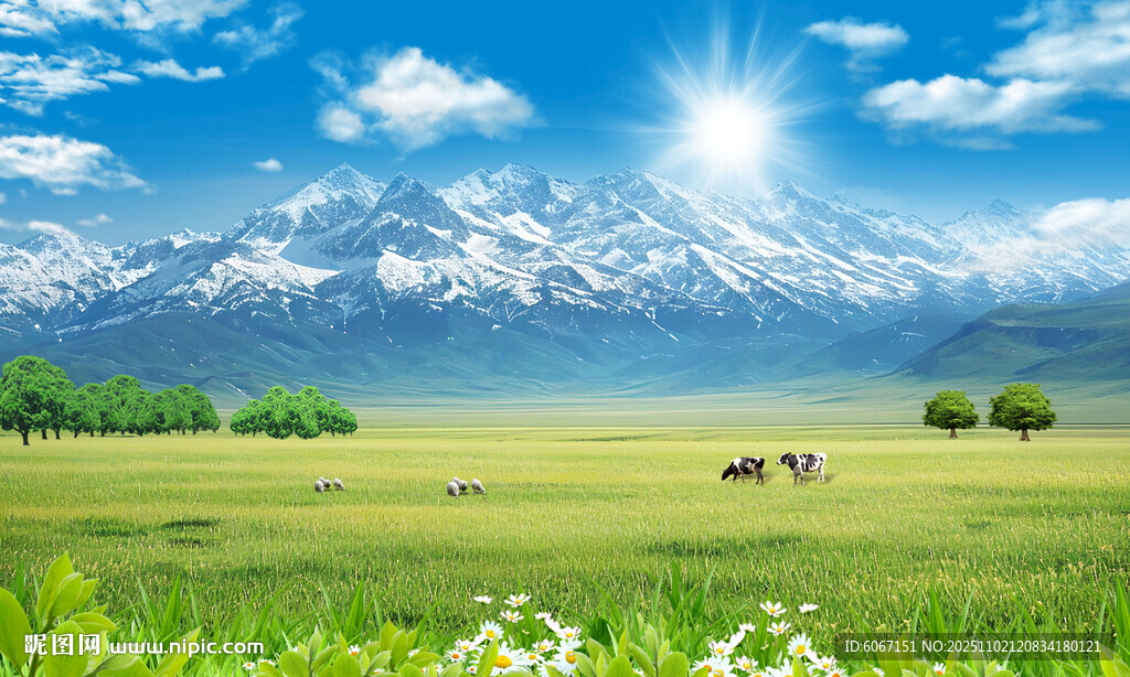 蓝天白云大草原雪山