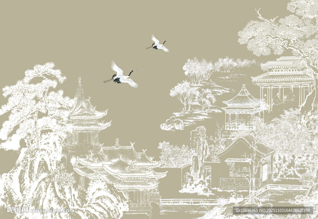 新中式手绘线条肌理古建筑背景墙