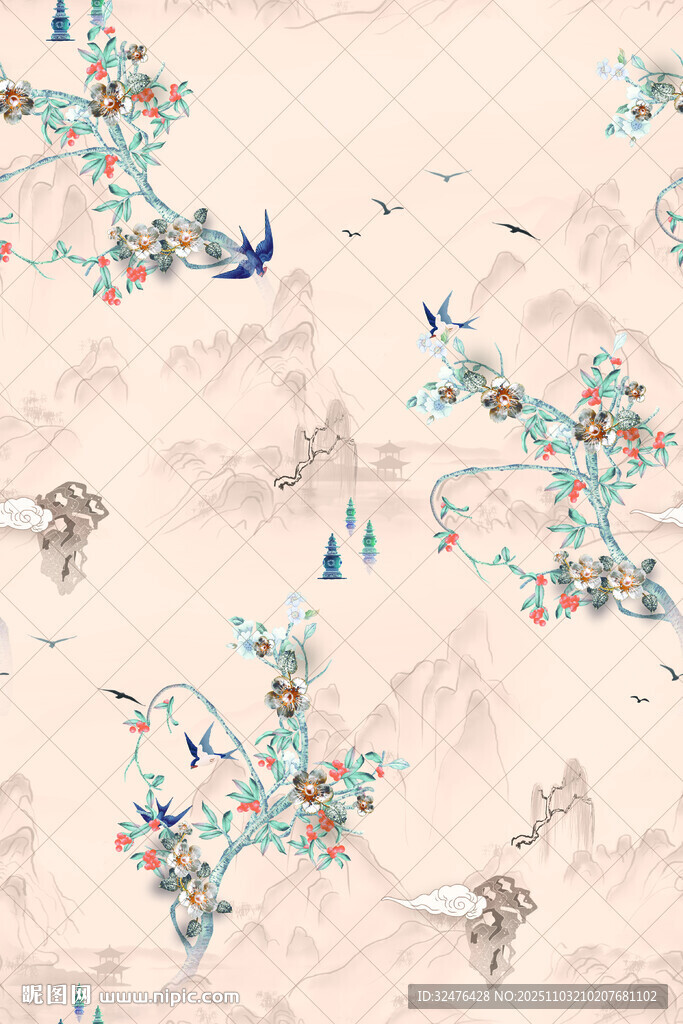 中式花鸟山水纹理图案