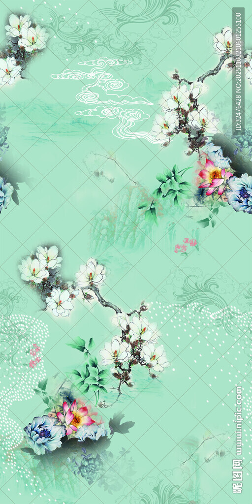 中式水墨风花卉图案设计