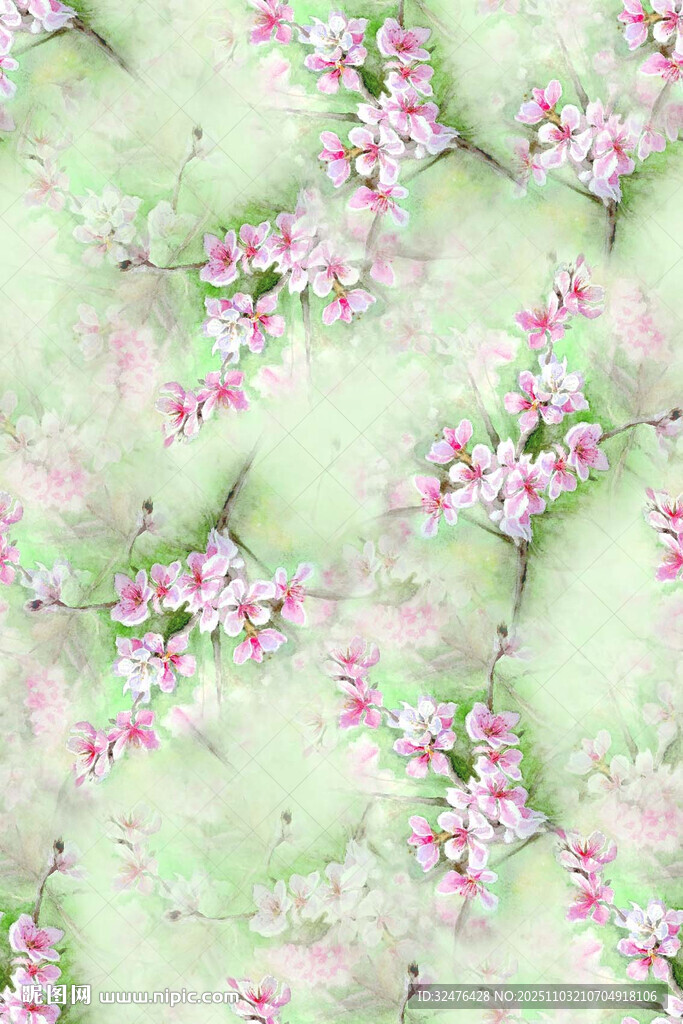淡粉花朵绿色背景图案