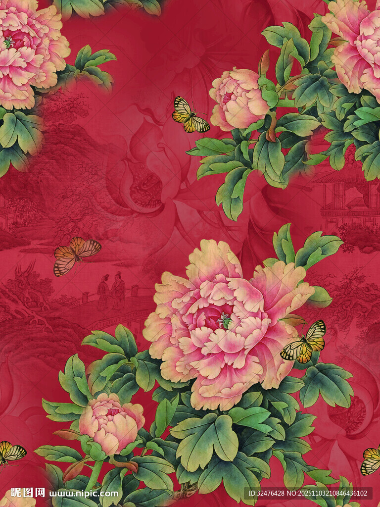红色底花卉图案精美纹理