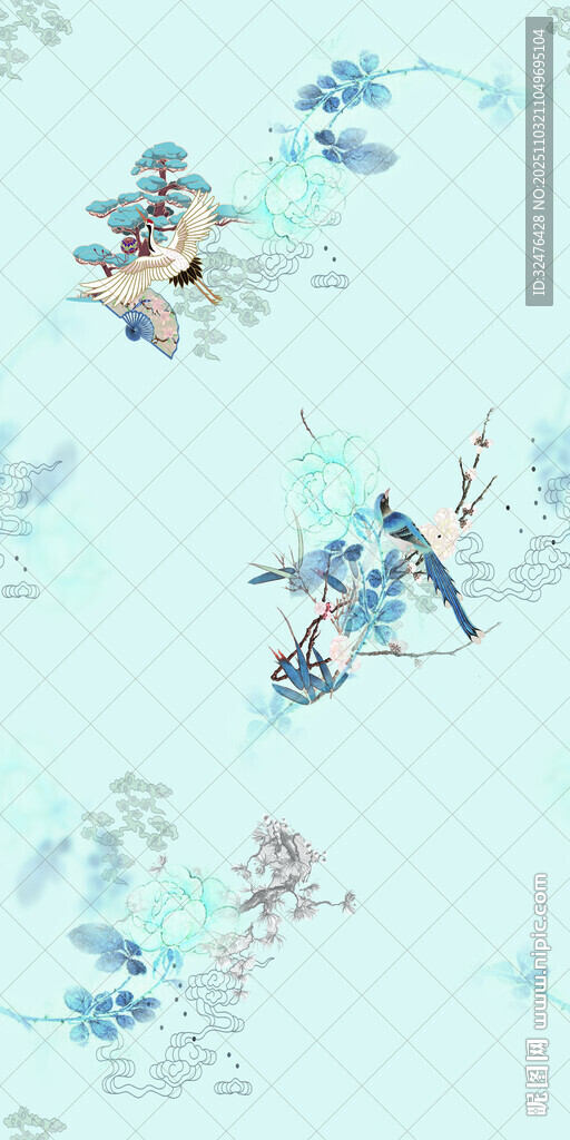 清新水墨风飞鸟花卉图案