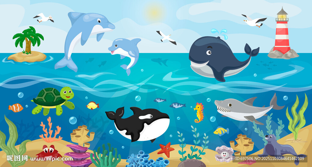 可爱海豚鲸鱼海底动物海洋背景墙