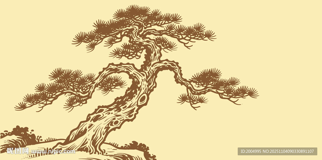 手绘中式长寿松古松图