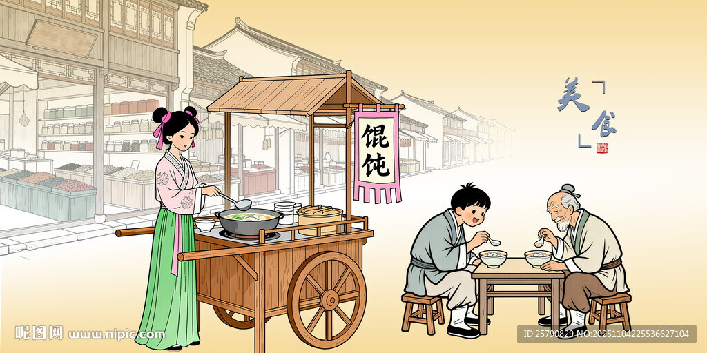 古代街头馄饨摊小吃摊