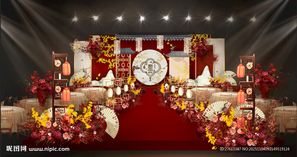 浪漫红金婚礼舞台布置分层素材