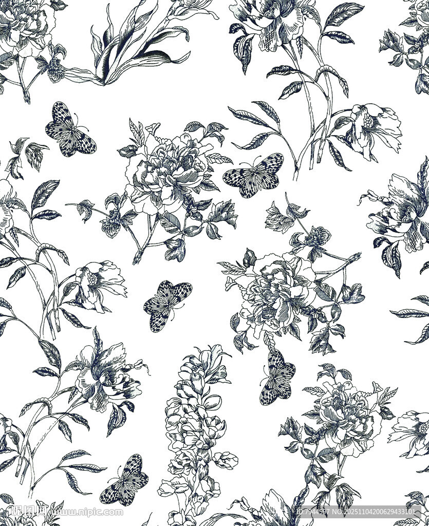 蓝白花卉蝴蝶图案背景