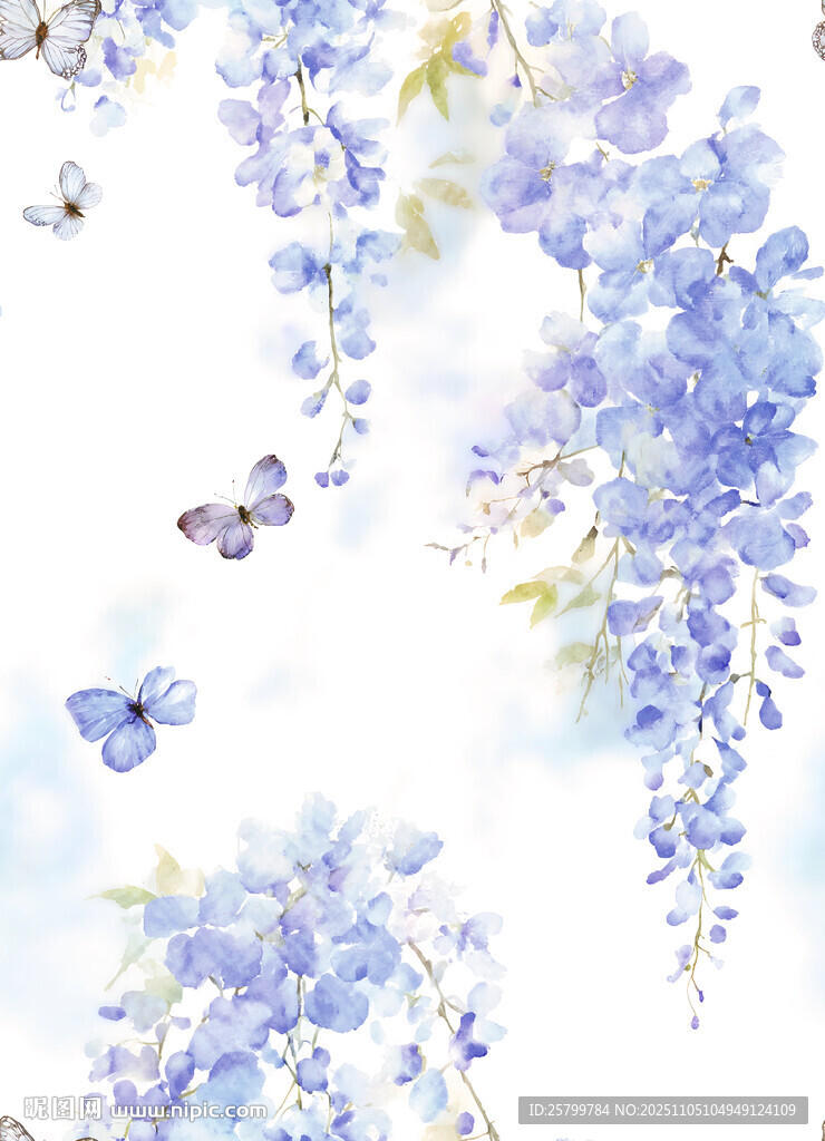 蓝紫色花卉与蝴蝶唯美画面