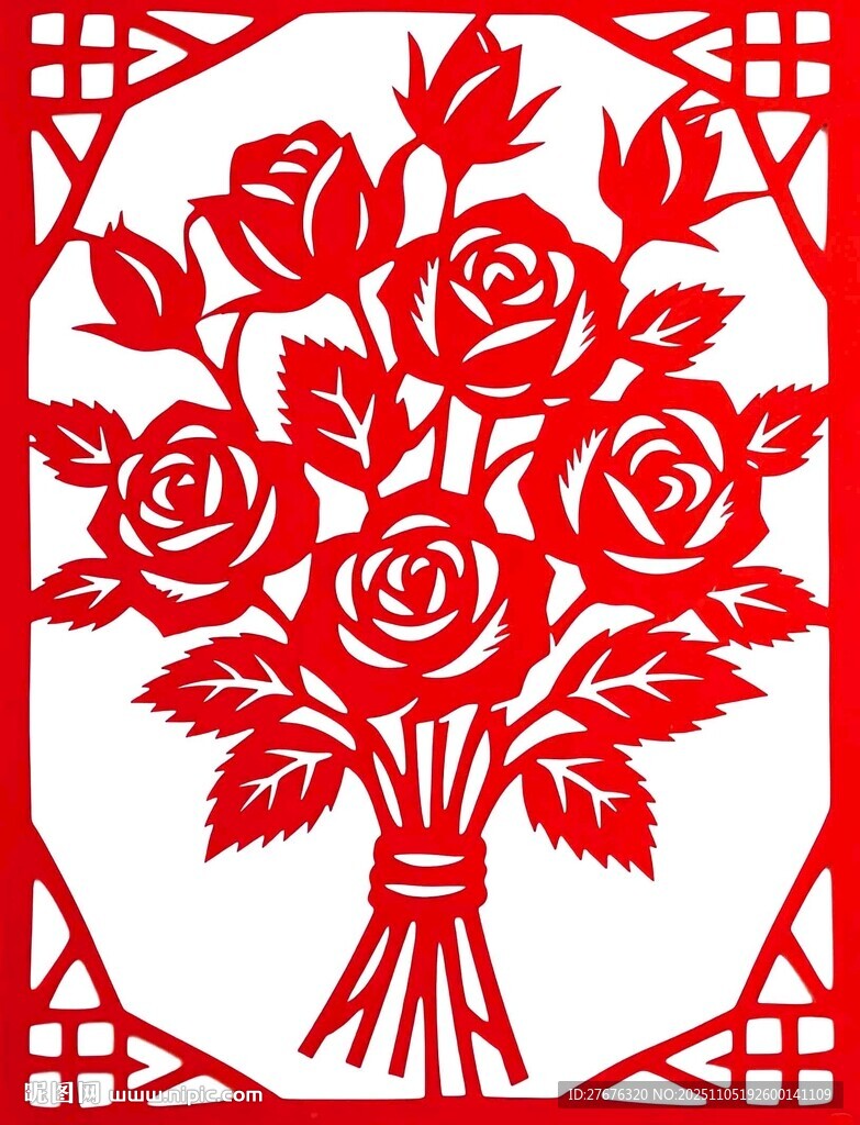 红色剪纸风玫瑰花束图案