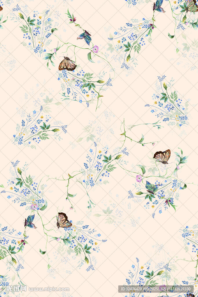 蓝花飞鸟唯美图案纹理