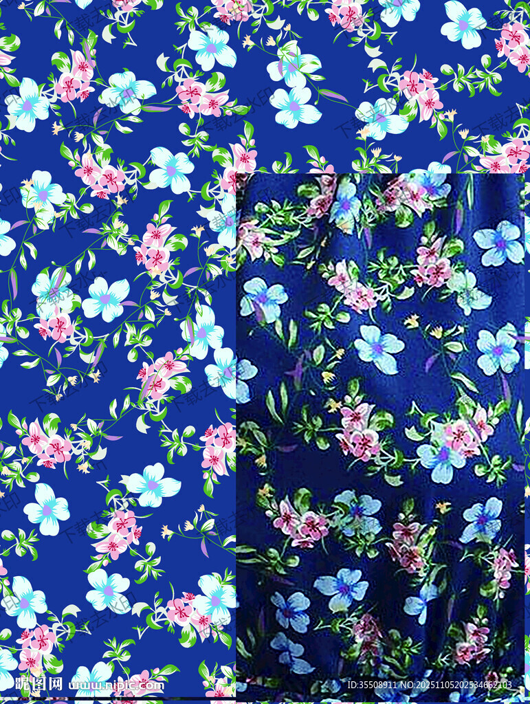 蓝色碎花布料图案展示