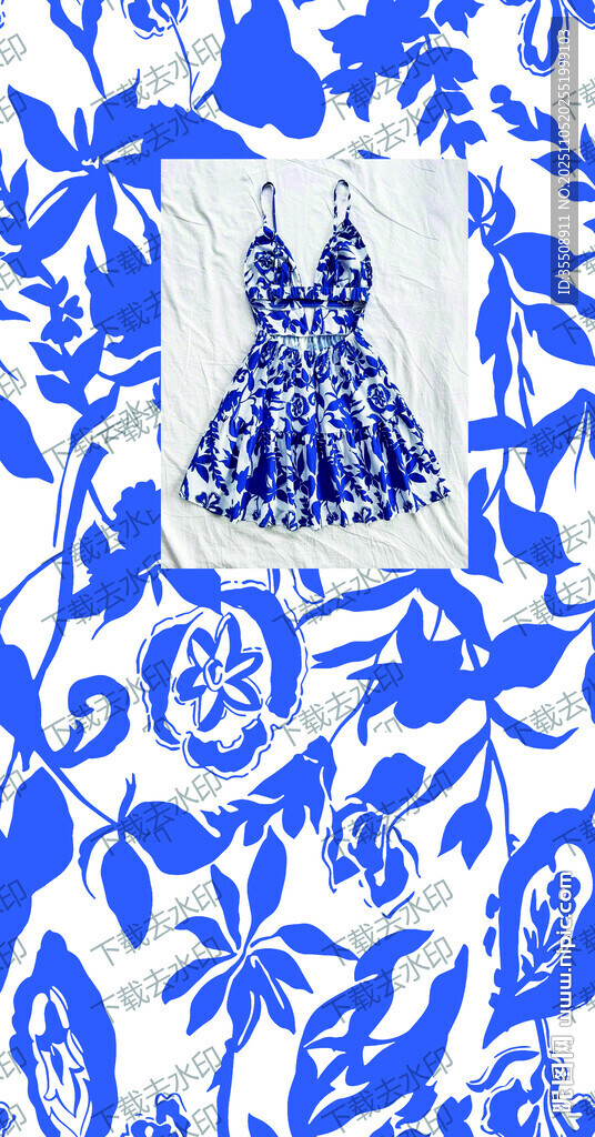 蓝白花卉图案女童连衣裙