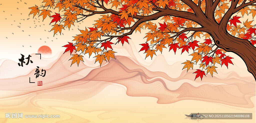 秋日枫叶飞鸟山水图景