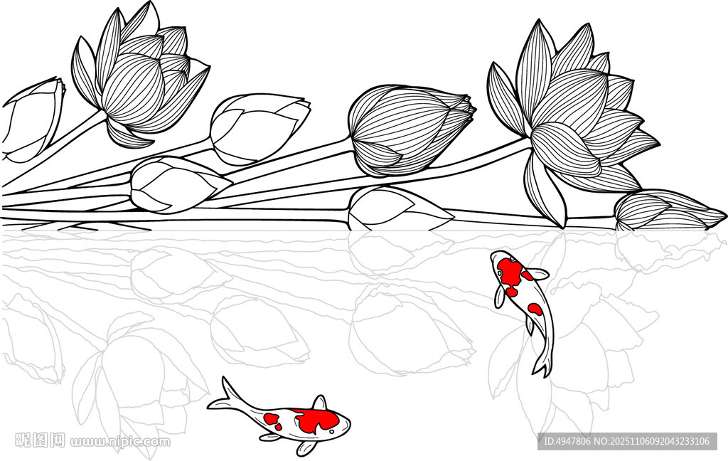 水墨风锦鲤荷花插画 矢量图