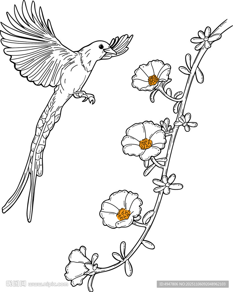 飞鸟戏花图 矢量图
