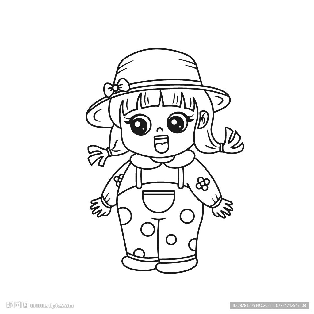戴帽子穿波点背带裤小女孩简笔画