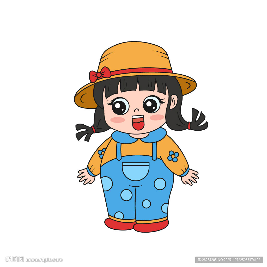 戴帽子穿背带裤的可爱女孩插画