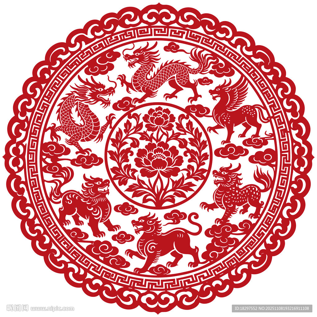 传统双龙戏珠红色剪纸