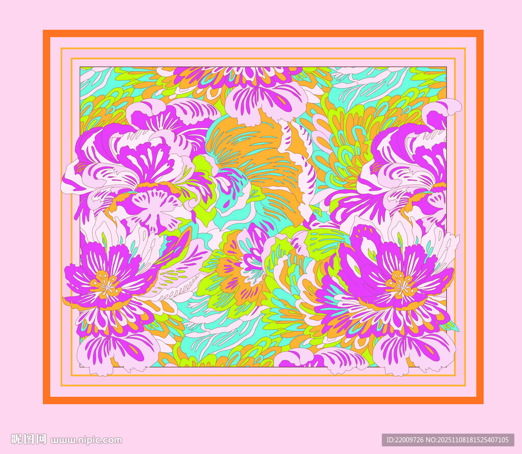 多彩花卉图案方形丝巾