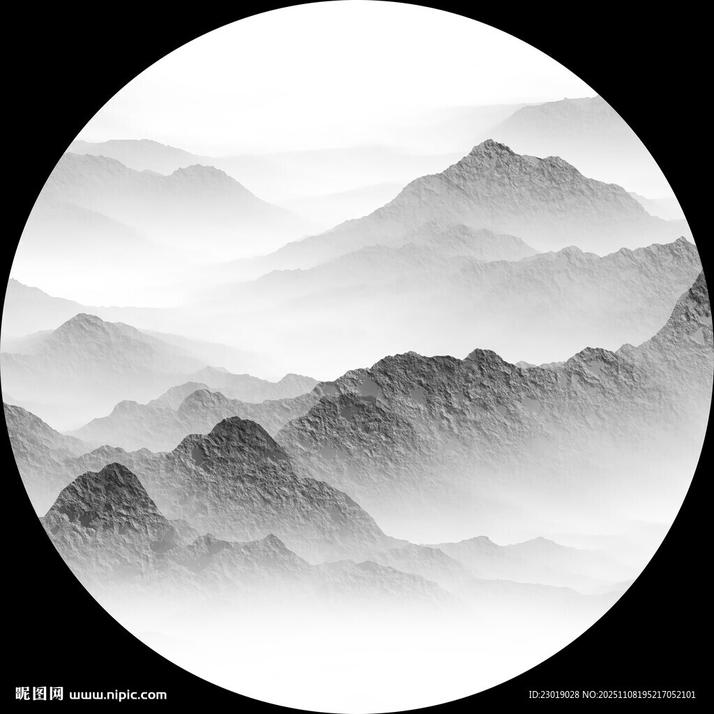 水墨山水圆形写意画