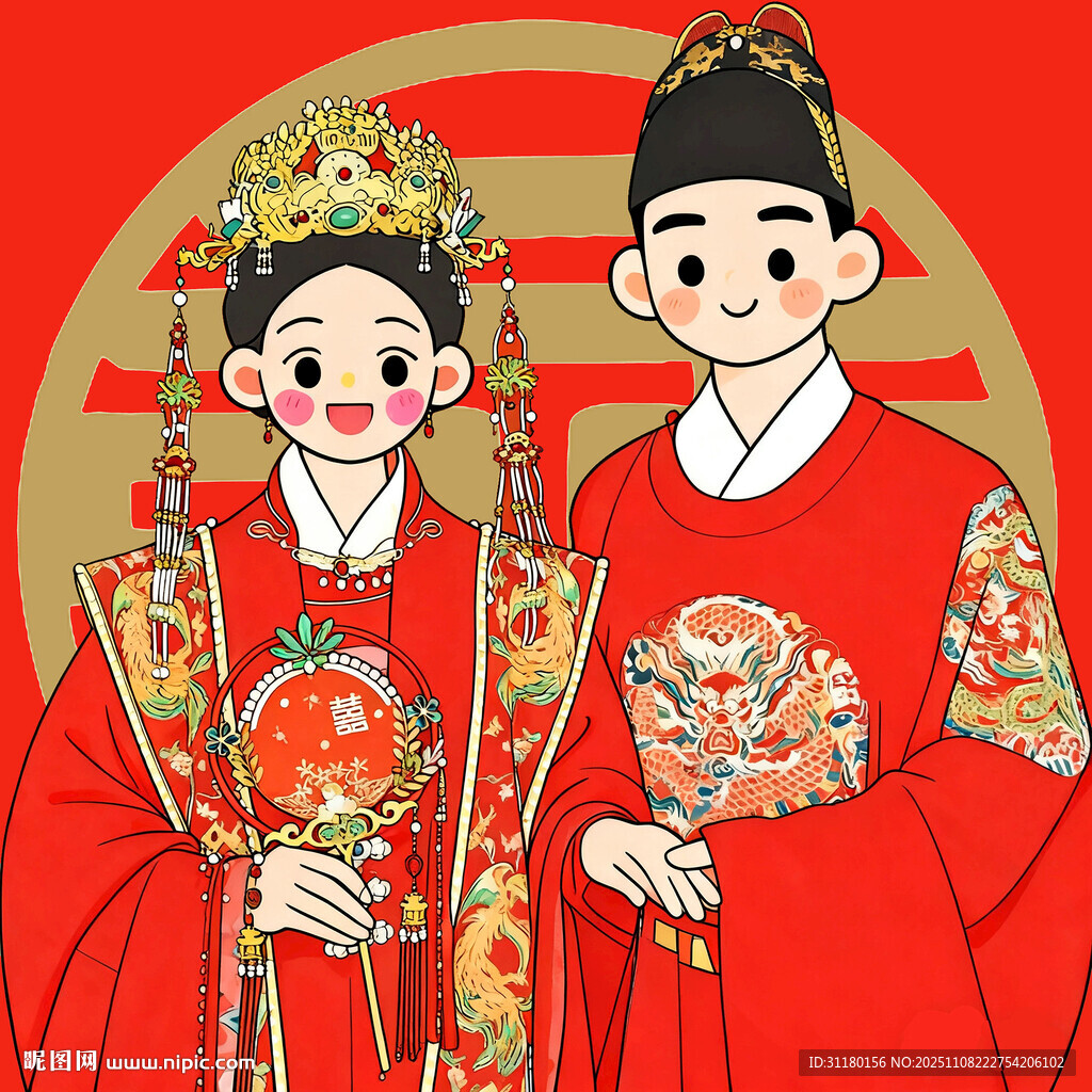 中式喜庆婚纱情侣手绘