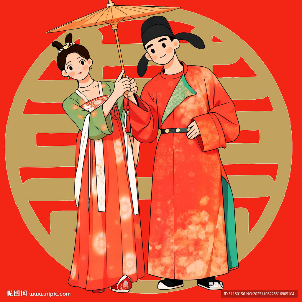 古风中式结婚情侣手绘