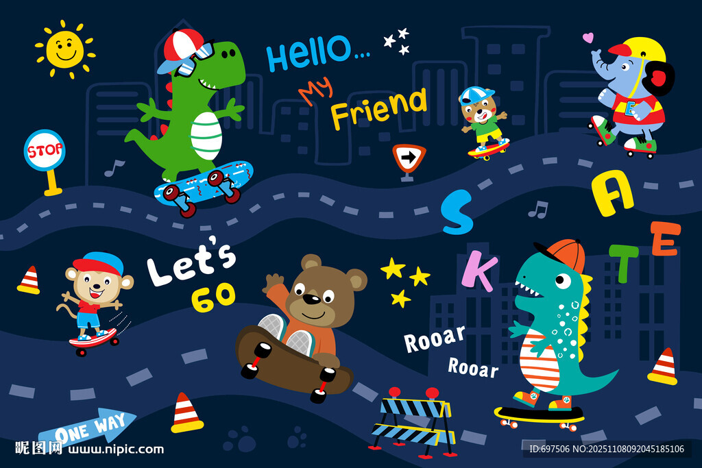 可爱动物卡通城市滑板儿童背景墙