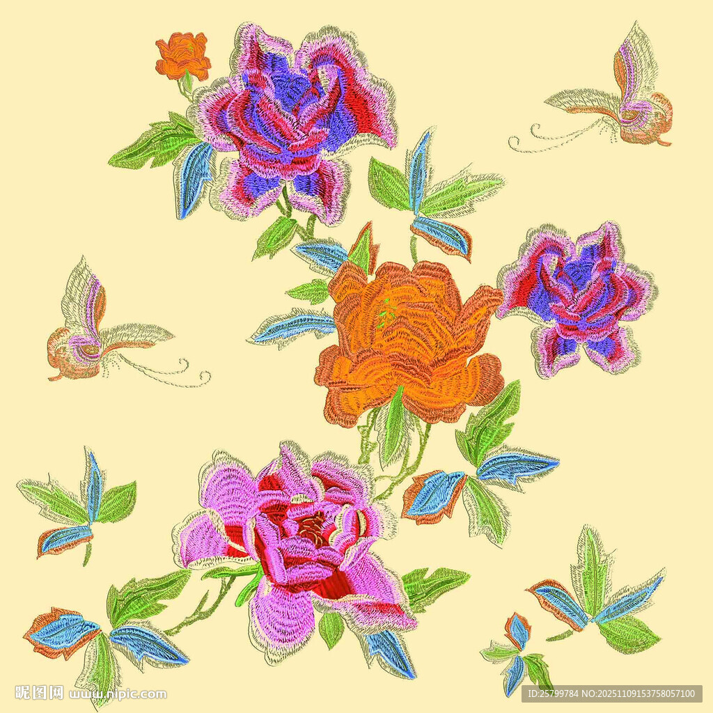 中式花卉蝴蝶刺绣图案