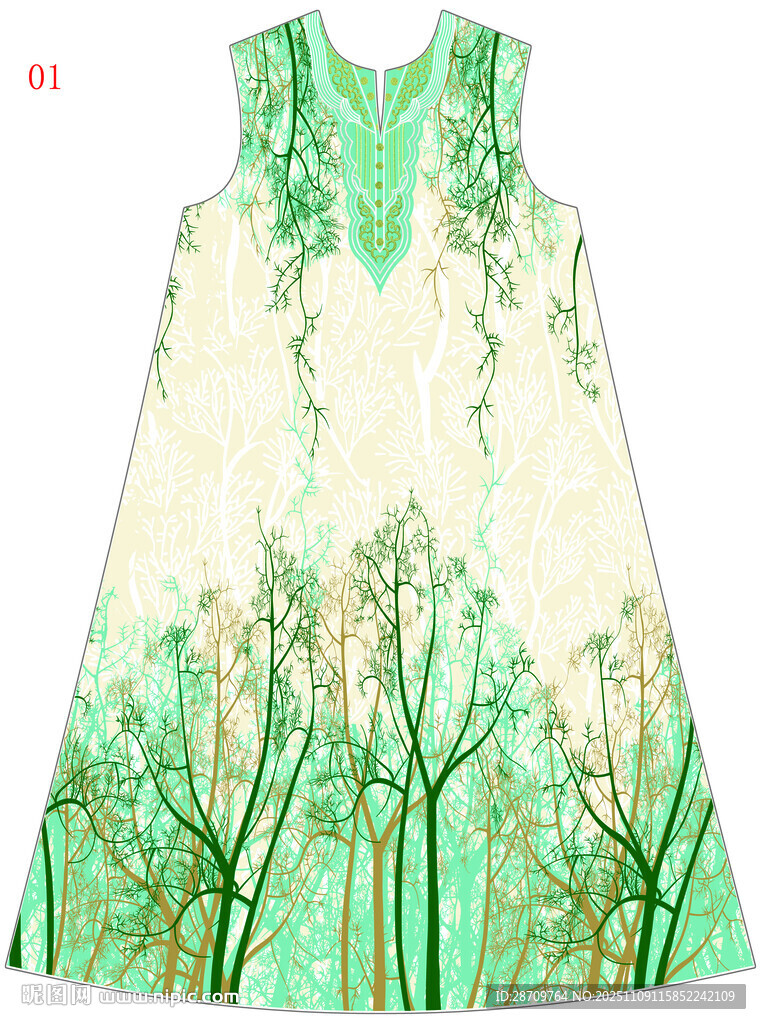 绿色森林图案无袖连衣裙