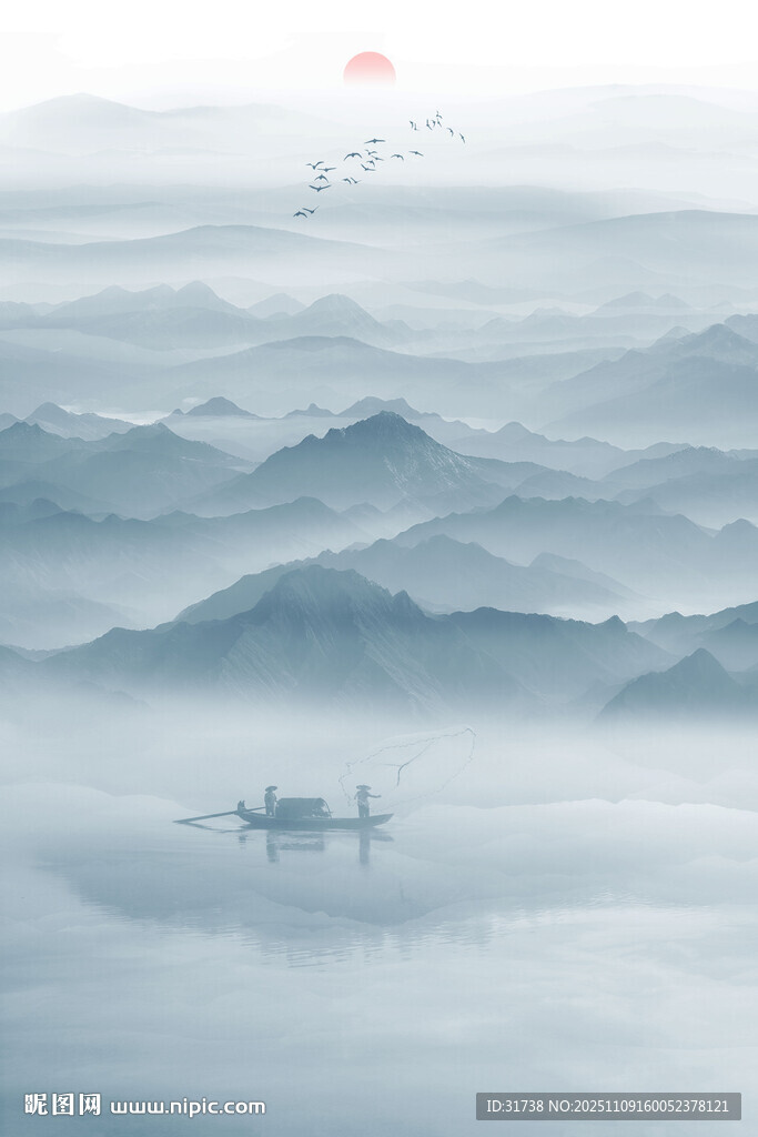 意境水墨山水画背景墙