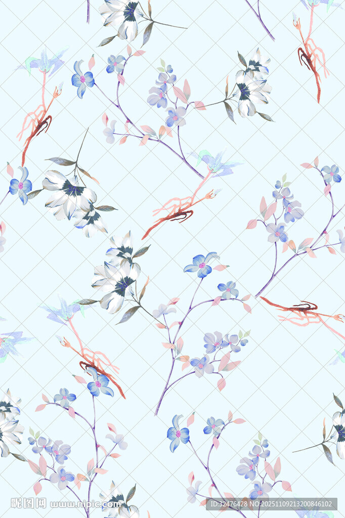 蓝白花卉图案布料纹理