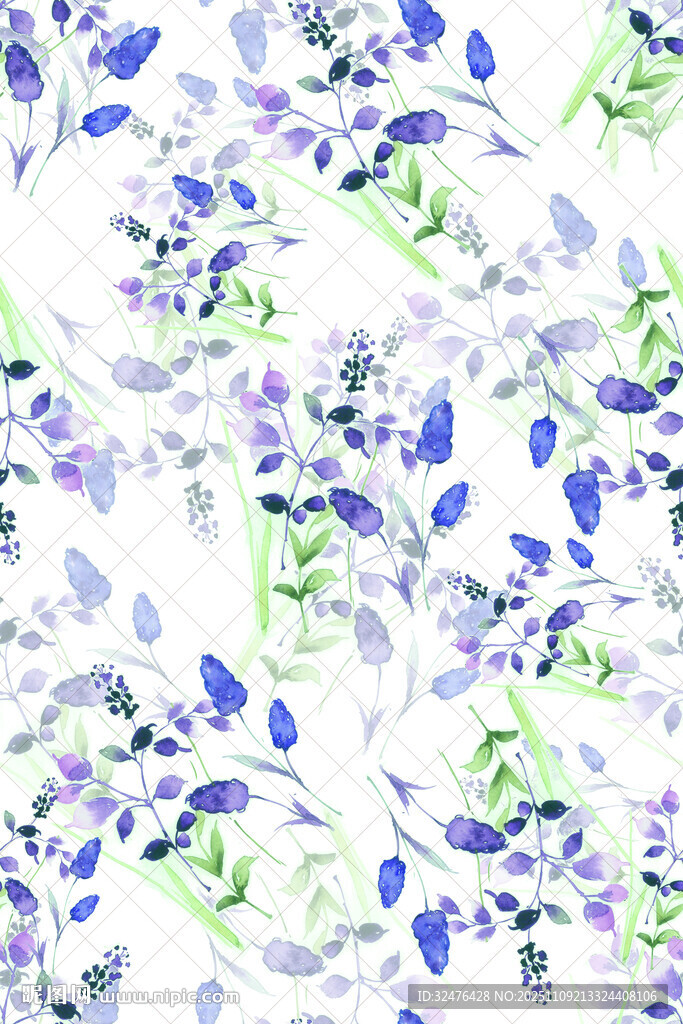 蓝绿花卉水彩图案背景