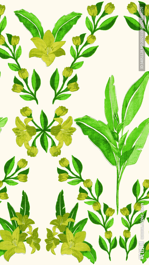清新手绘花卉绿叶图案
