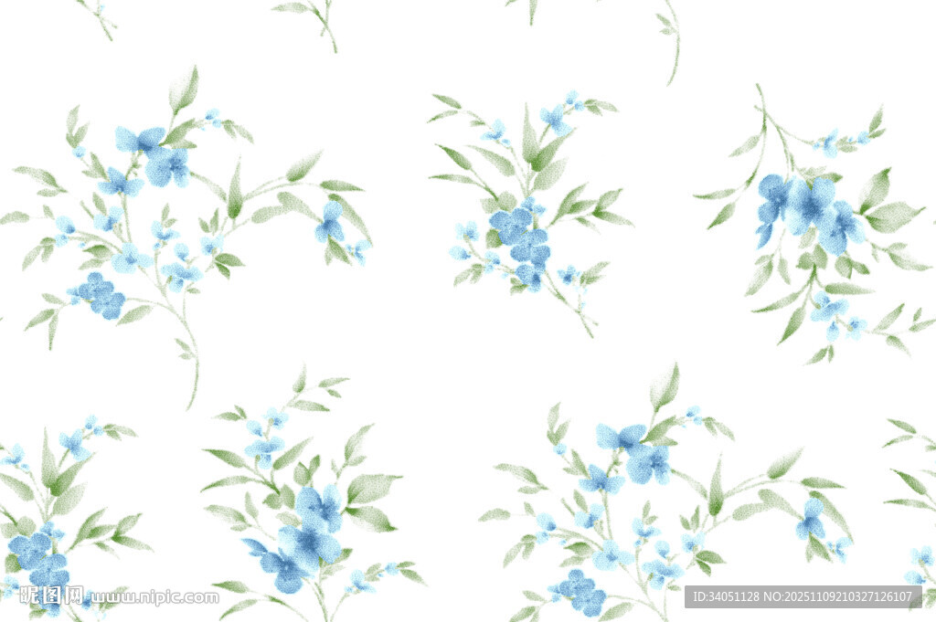 蓝花绿叶清新花卉图案