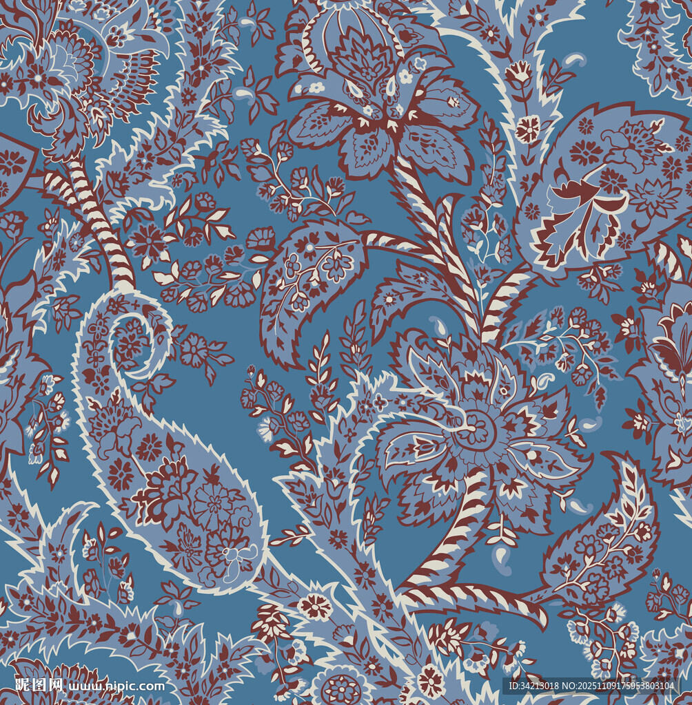 大牌蓝色佩斯利花纹图案