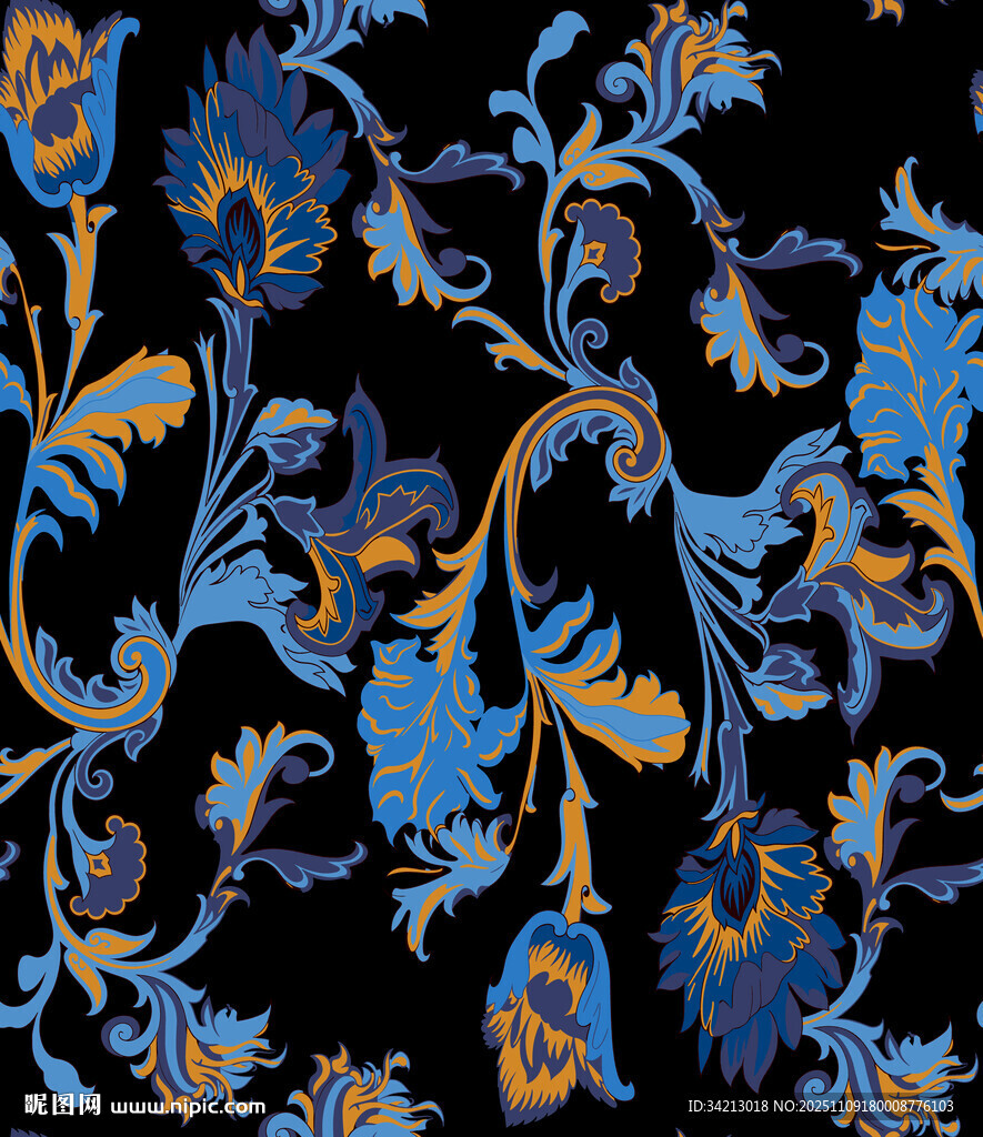 大牌蓝黄花卉黑色底纹图案