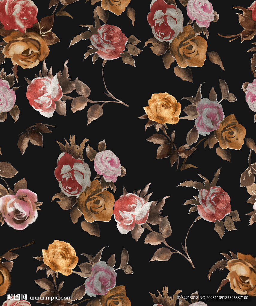 大牌复古花卉黑色背景图案