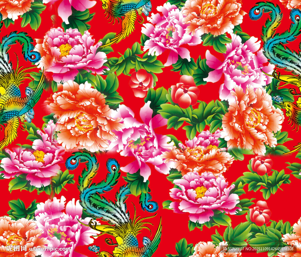 中式红花绿叶传统图案