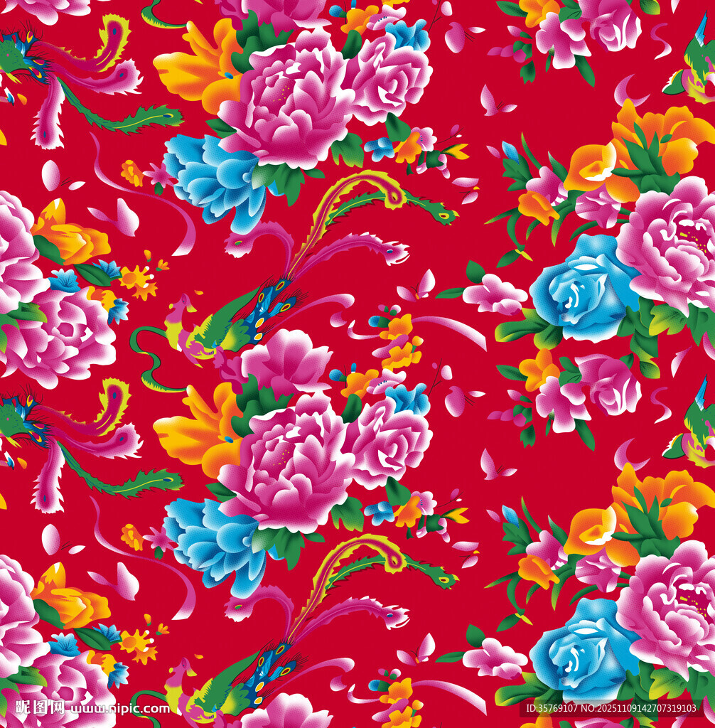 红色花卉图案布料纹理