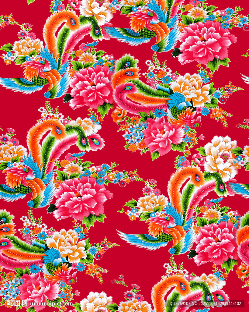 喜庆红色花卉飞鸟图案